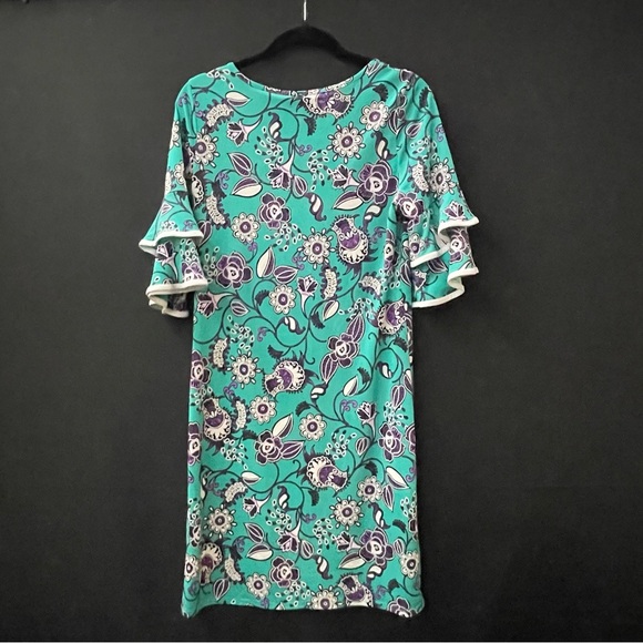 Tacera Floral Ruffle Sleeve Dress Teal Purple Print Size M - Picture 2 of 5